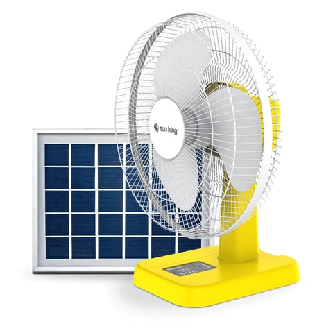 Solar powered fan with yellow base next to solar panel on white background