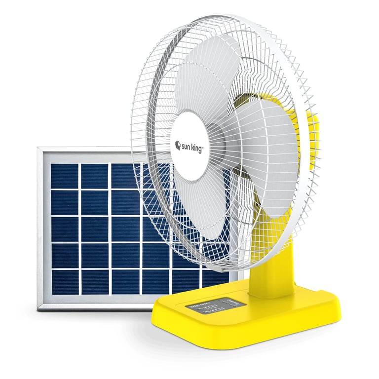 Solar powered fan with yellow base next to solar panel on white background