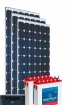 Solar panels mounted on a roof with product packaging displayed in front showing energy solutions