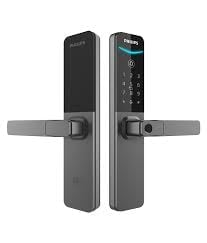 Pair of modern smart door locks with digital keypads and metal handles shown from front view