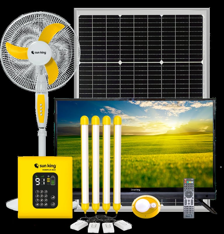 Complete solar power system including fan, solar panel, LED lights, TV display, and yellow control unit by Sun King