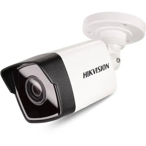 Hikvision white and black bullet security camera mounted on ceiling bracket