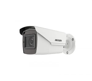 Hikvision white security camera with black lens turret for outdoor surveillance