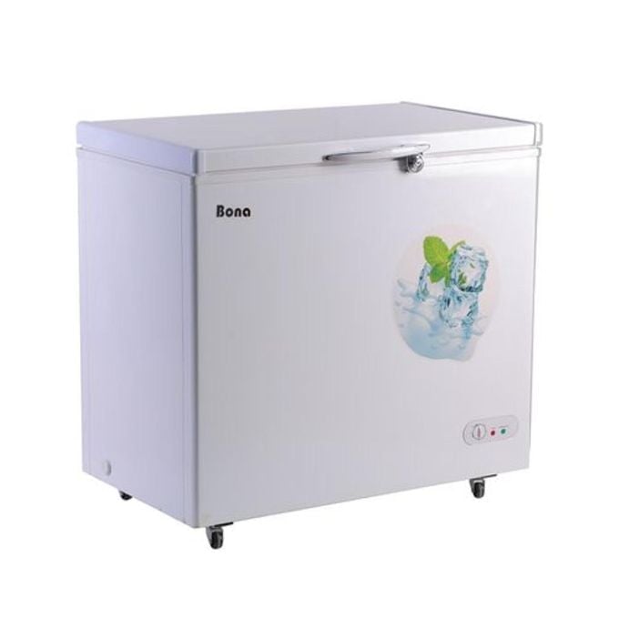 White Bono brand chest freezer with ice and mint leaf graphic, front-mounted controls, and wheels