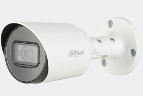 White Dahua bullet security camera with black lens and white mounting bracket on light gray background