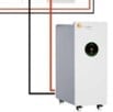 White portable air conditioner unit with gray panel and black control button, shown with simplified piping diagram above