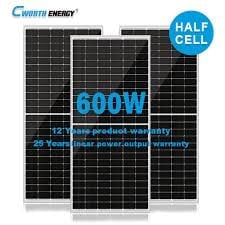 Three black solar panels with 600W power rating and half-cell technology, including 20-year warranty information