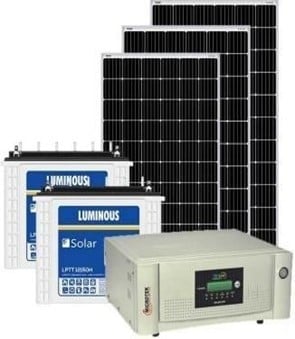 Solar power system with three black panels, Luminous battery boxes, and a white inverter unit with digital display