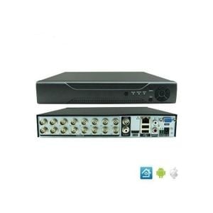 16-channel DVR security system recorder with BNC connectors and network ports, shown front and top view