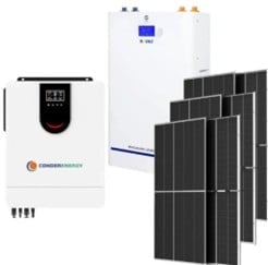 Solar power system components including inverter, charge controller, white battery unit, and black solar panels