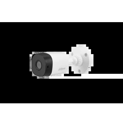 White and black cylindrical security camera with lens on left side and mounting bracket on right