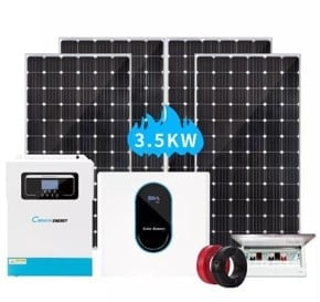3.5KW solar panel system with black panels, inverter, battery, and monitoring equipment displayed together