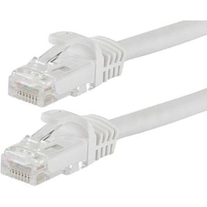 Two white Ethernet network cables with RJ45 connectors on a white background