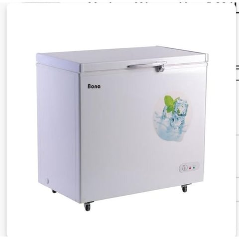 White Bona brand chest freezer with ice graphic on door and caster wheels