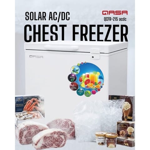 Solar AC/DC chest freezer by Darsa with model QCFR-215 acdc, displaying frozen meat, ice, and food products inside