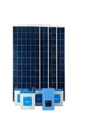 Solar panels with blue inverter boxes displayed in front against white background