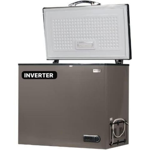 Gray inverter chest freezer with open lid showing interior basket and front-mounted control panel