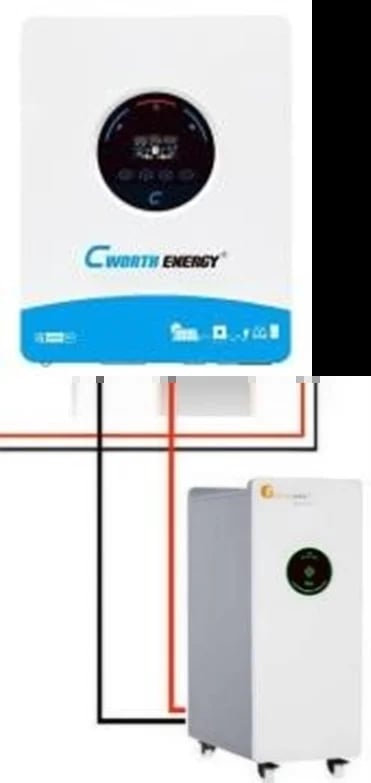 Cworth Energy inverter connected to battery with color-coded wiring diagram showing installation setup