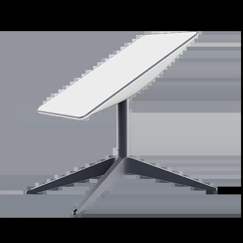 Illustration of a hand adjusting a tilted satellite dish mounted on a tripod stand