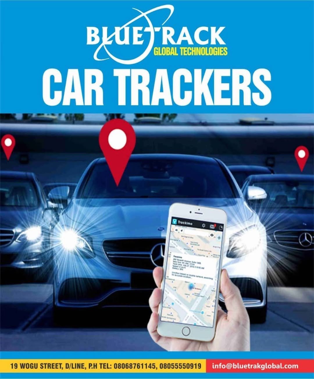 Blue Track car tracking app advertisement showing smartphone with GPS map interface and parked cars with location pin markers