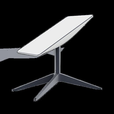3D illustration of a tilting white laptop stand with a tripod base and adjustable platform