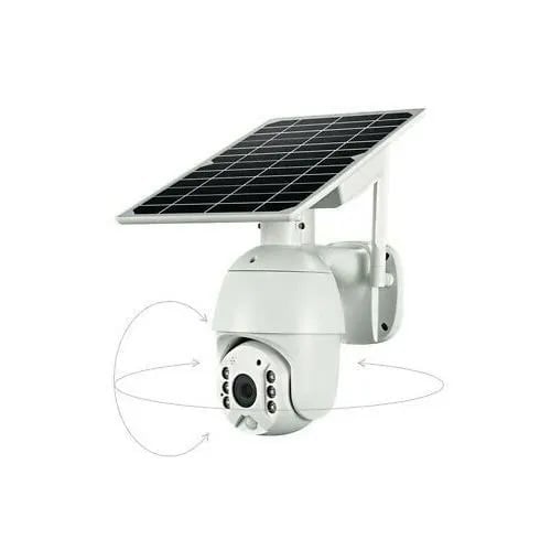 Solar-powered security camera with white housing, adjustable solar panel on top, and motion detection capability