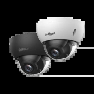 Two Dahua dome security cameras, one black and one white, displayed side by side against a white background
