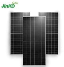 JinKO solar panels displayed in arranged formation showing multiple black photovoltaic modules