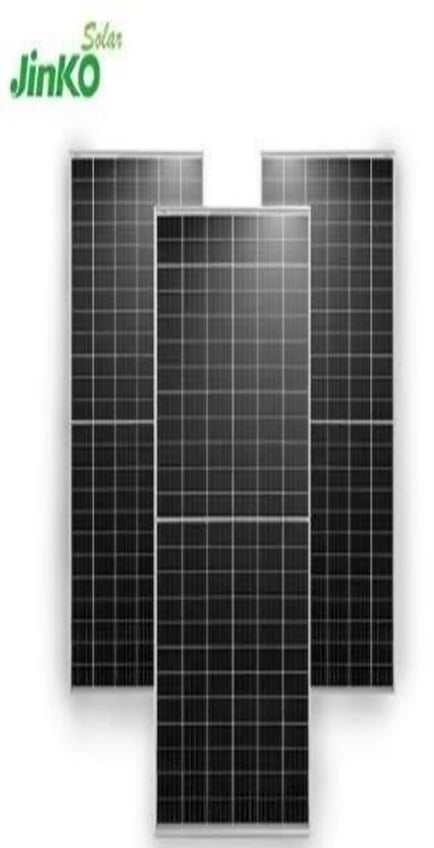 Jinko Solar logo with four black solar panels arranged in a cross pattern displaying photovoltaic grid cells